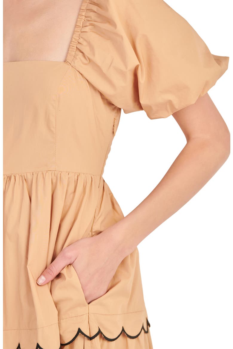 Puff Sleeve Scallop Trim Cotton Midi Dress, Alternate, color, TAN/ BLACK