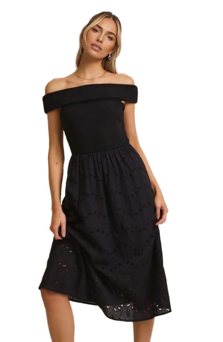 Knit and Lounge Elegant Off-Shoulder Midi Dress with Textured Skirt Detail, Alternate, color,