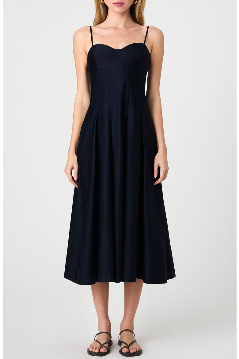 Pleated Stretch Cotton Sateen Midi Dress, Main, color, MARINE