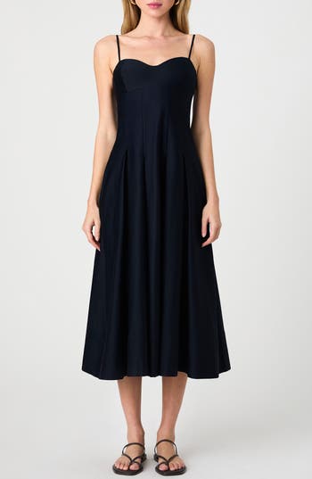 French Connection Pleated Stretch Cotton Sateen Midi Dress In Black