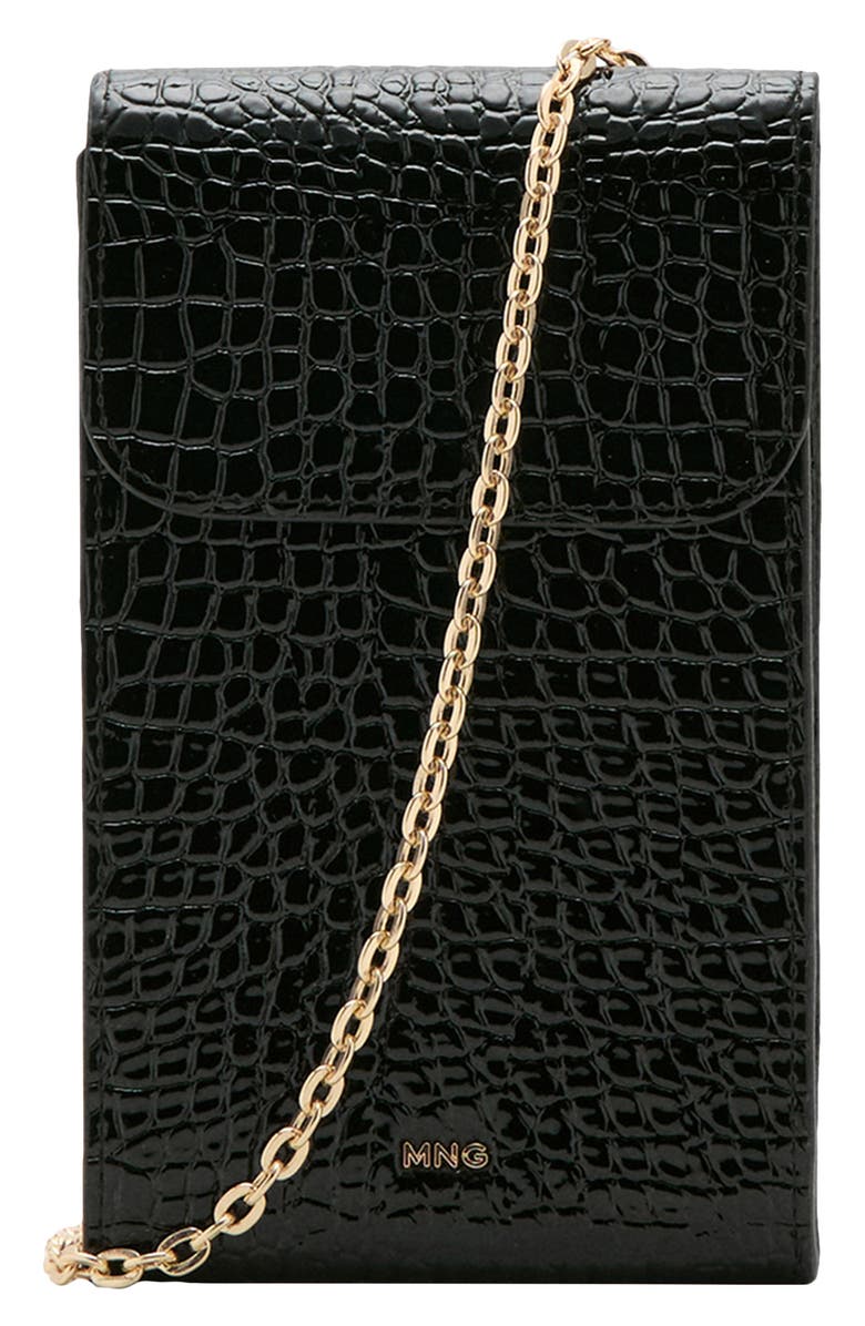 MANGO Croc Embossed Faux Leather Phone Crossbody Bag, Main, color, Black