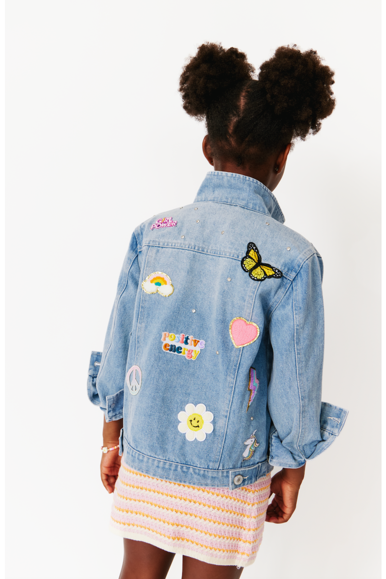 Girls' Jeweled Patched Denim Jacket, Alternate, color, Light Denim