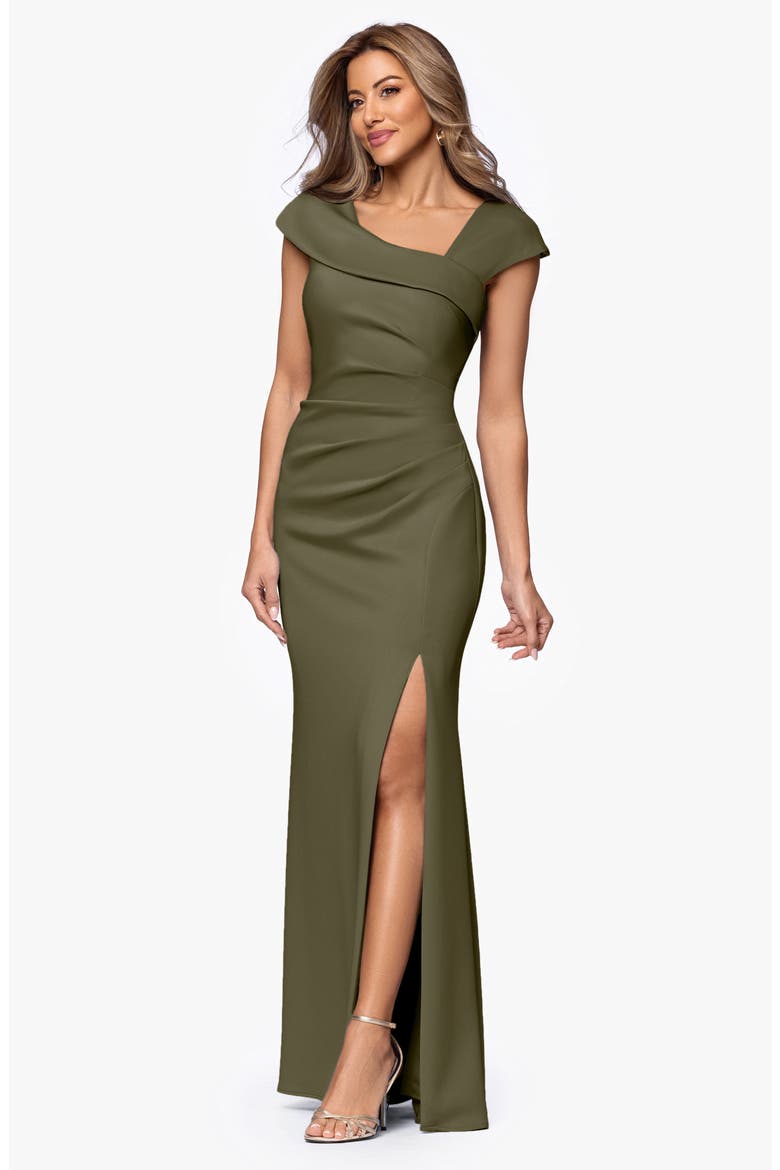Asymmetric Neck Scuba Knit Trumpet Gown, Alternate, color, OLIVE