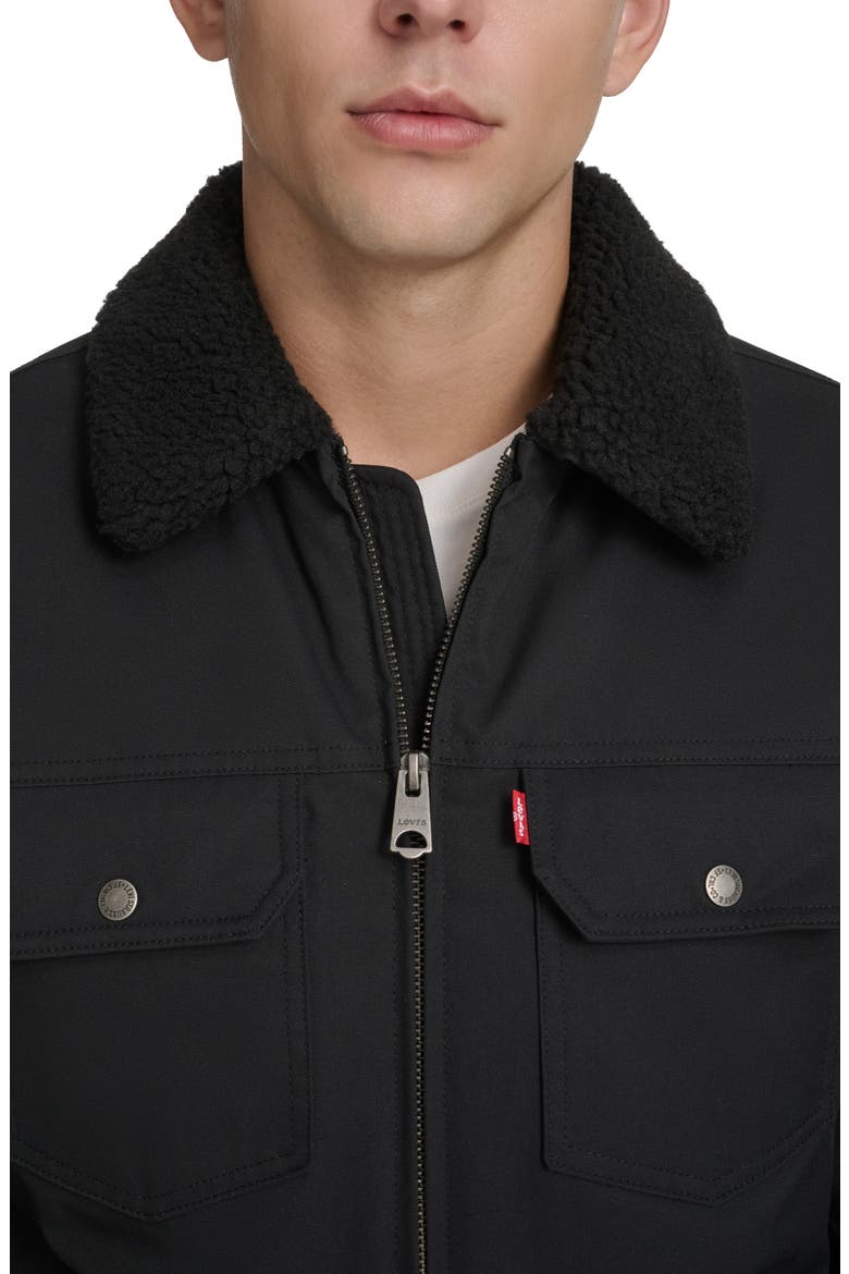 Water Resistant Faux Shearling Collar Canvas Bomber Jacket, Alternate, color, BLACK