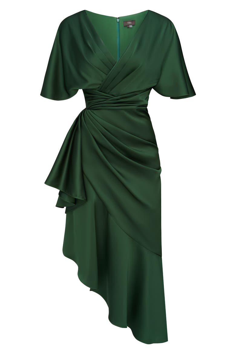 Gwen Ruffle Asymmetric Hem Elbow Sleeve Satin Faux Wrap Dress, Alternate, color, THORN