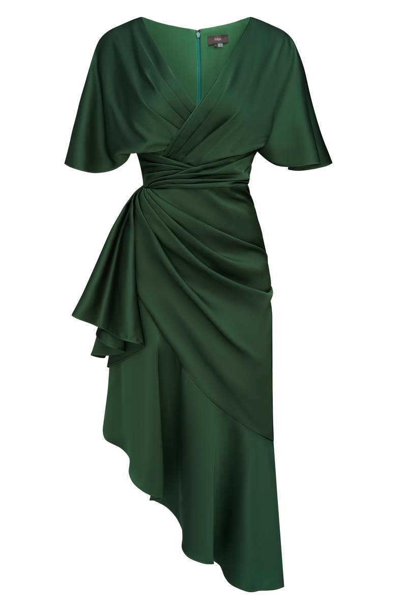 Theia Gwen Ruffle Asymmetric Hem Elbow Sleeve Satin Faux Wrap Dress, Alternate, color,