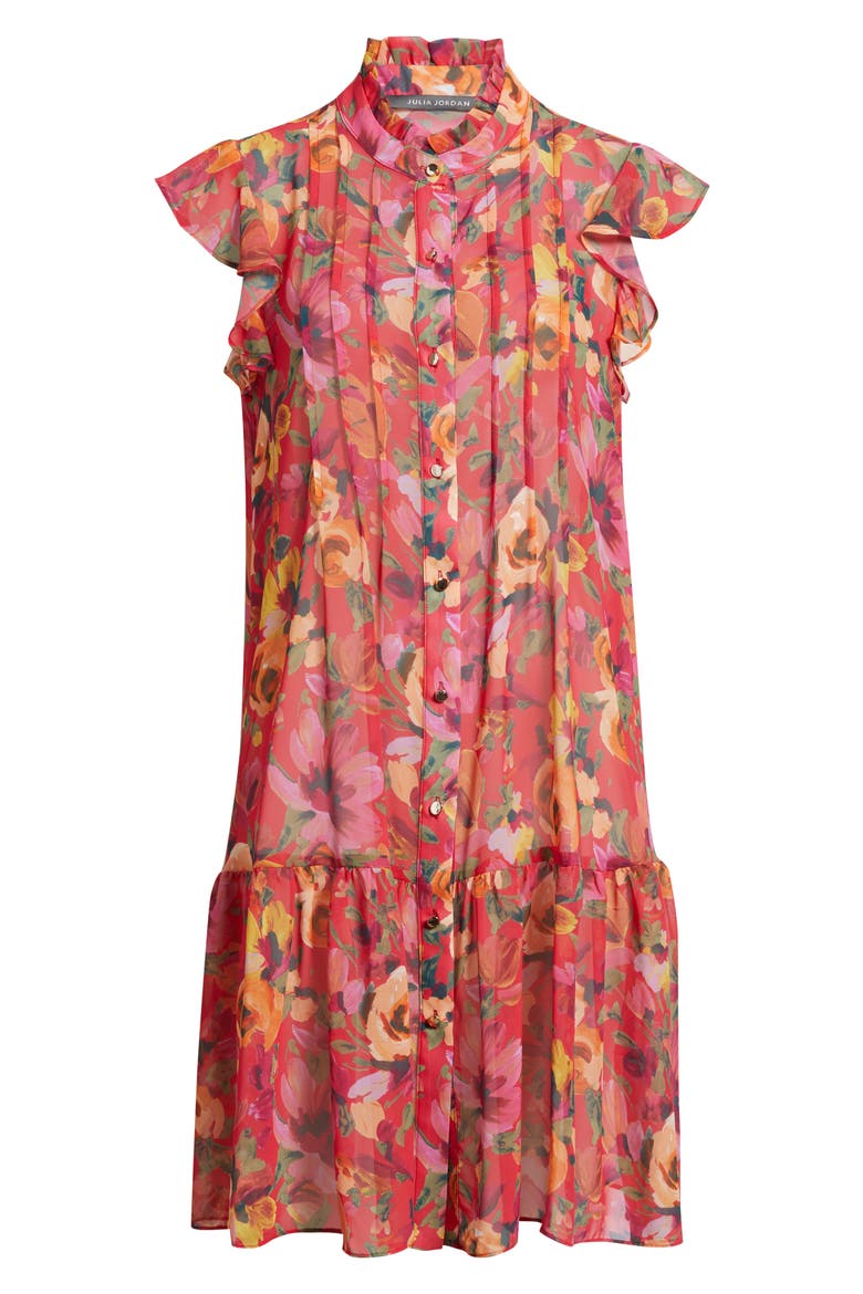 Floral Print Pleated Ruffle Hem Dress, Alternate, color, RED MULTI