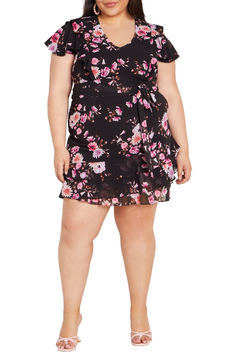 Serene Floral Tie Waist Minidress, Main, color, BLACK BLOOM