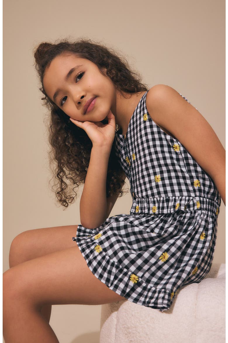 Kids' Gingham Ruffle Embroidered Cotton Romper, Alternate, color, BLACK MULTI
