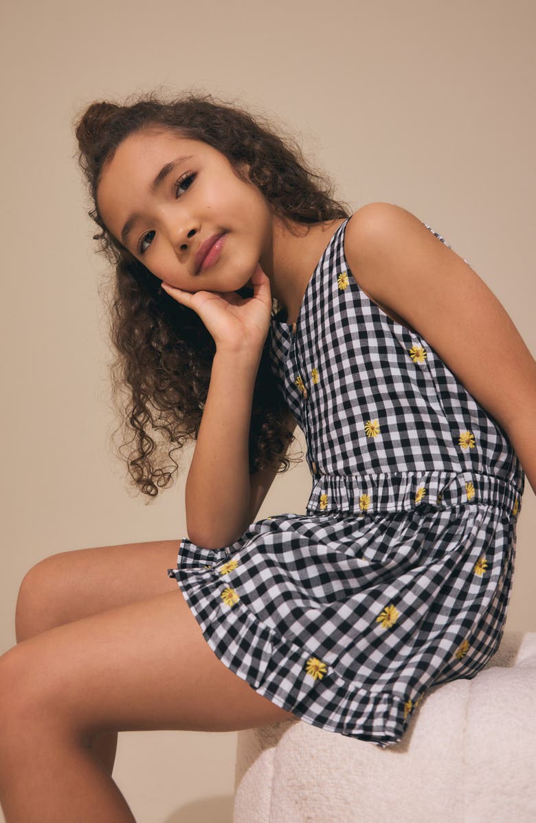 NEXT Kids' Gingham Ruffle Embroidered Cotton Romper, Alternate, color, Black Multi