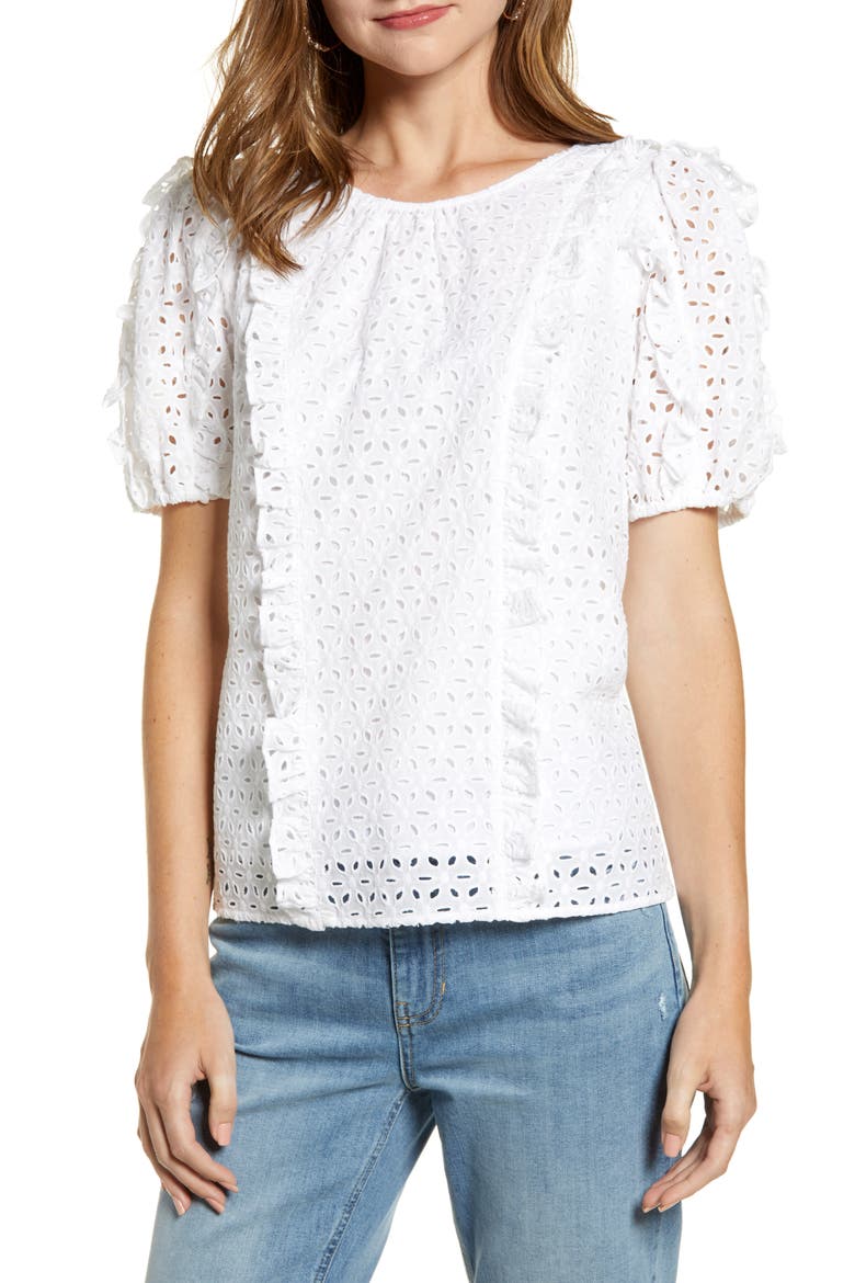 Ruffle Detail Cotton Eyelet Blouse, Main, color, WHITE