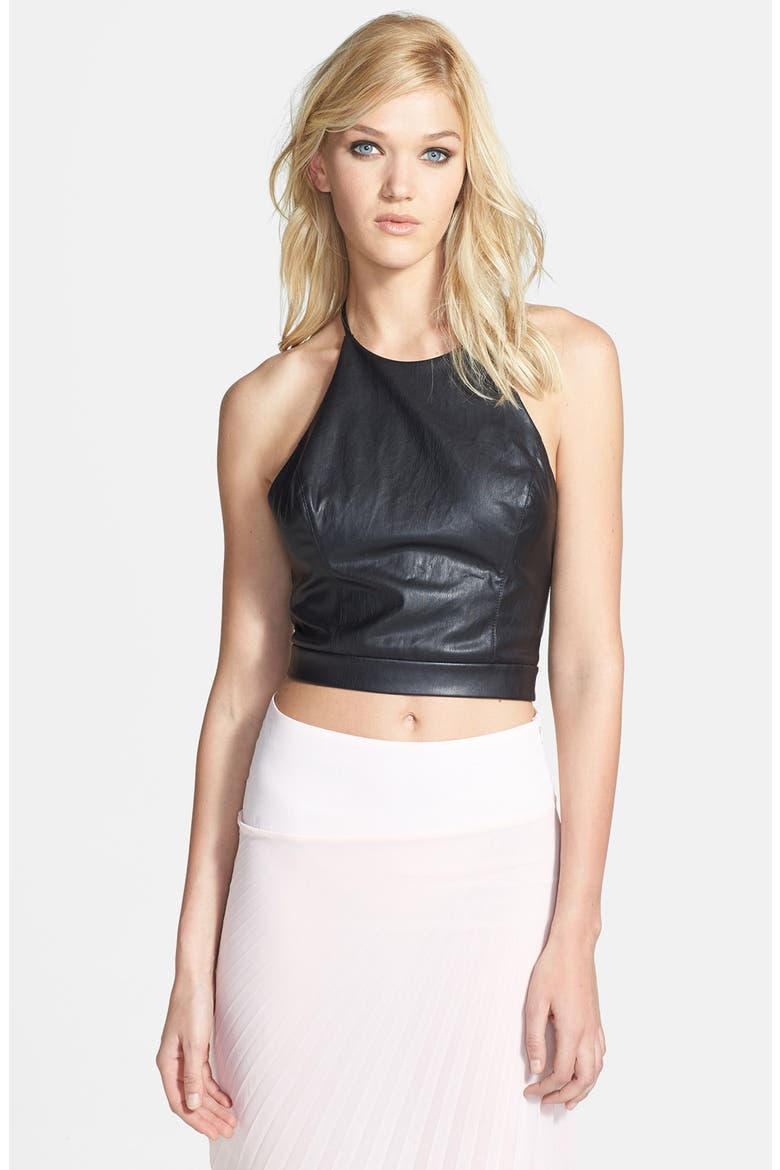 ASTR Faux Leather Halter Crop Top, Main, color, BLACK