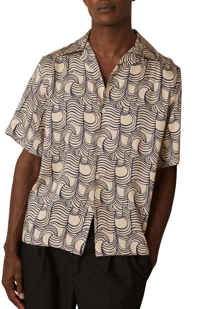 Reiss Waver Camp Shirt, Main, color, Off White/ Navy