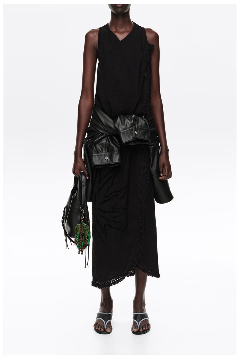 Fringed Wrap Midi Dress, Alternate, color, BLACK