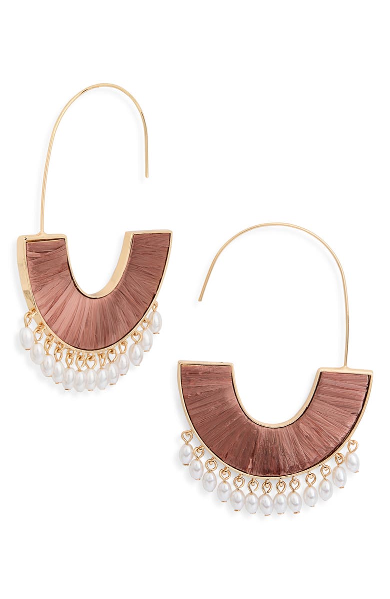 BaubleBar Raffia & Faux Pearl Drop Threader Earrings, Main, color, Brown