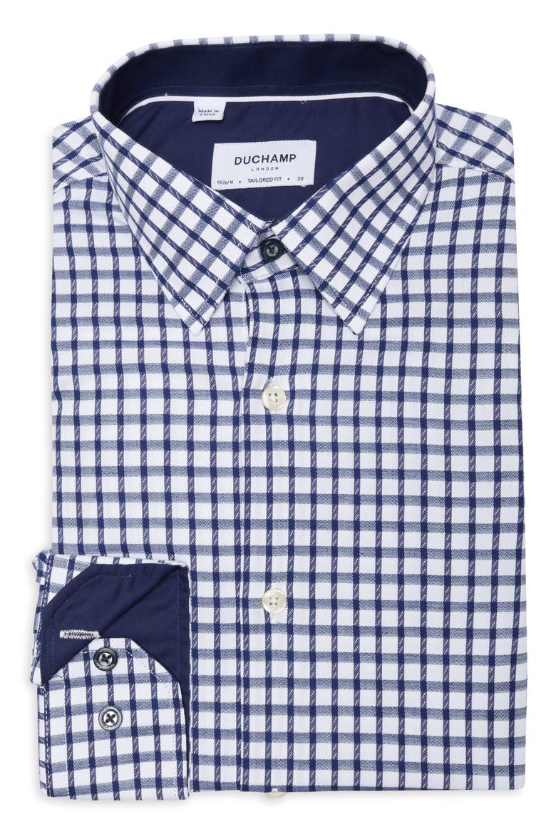 Tailored Fit Check Stretch Cotton Dress Shirt, Alternate, color, DARK BLUE