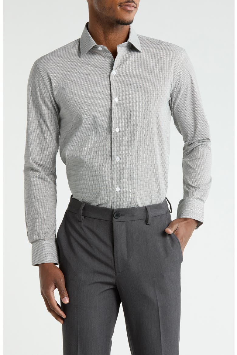 Slim Fit Geometric Print Stretch Dress Shirt, Main, color, BLACK GREY