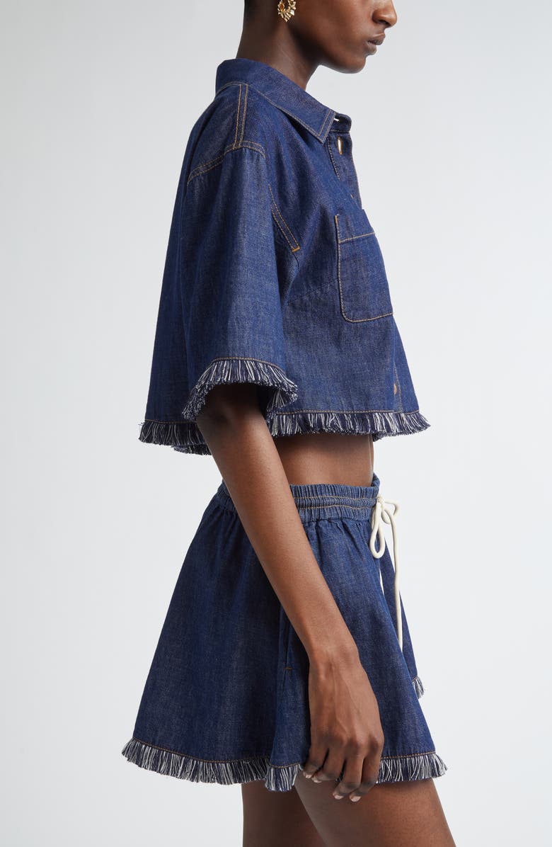 Zimmermann Rhiannon Fringe Trim Crop Denim Shirt, Alternate, color, Atlantic