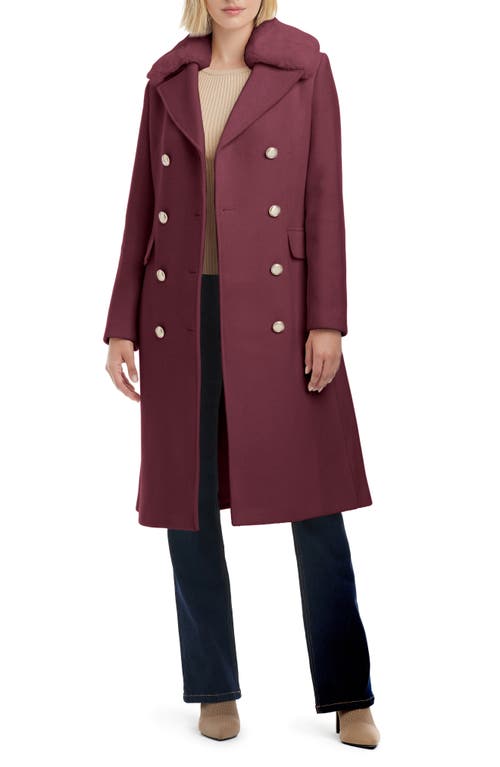 Vince Camuto Double Breasted Wool Blend Coat With Removable Faux Fur Collar In Burgundy