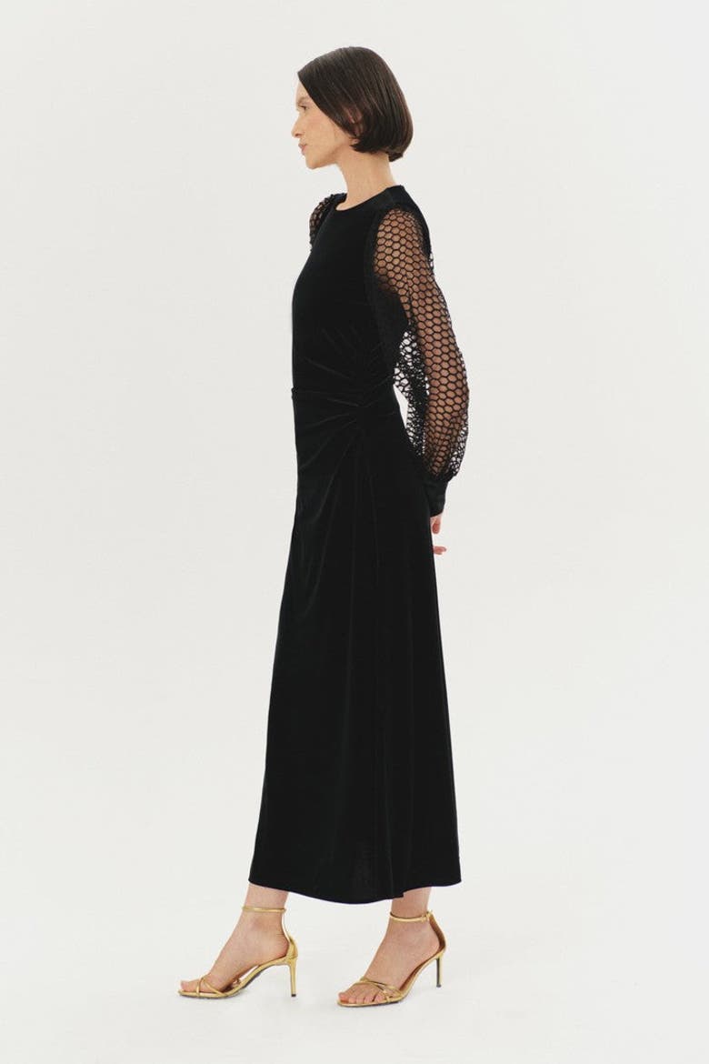 Stretch Lace Sleeve Midi Velvet Dress, Alternate, color, BLACK