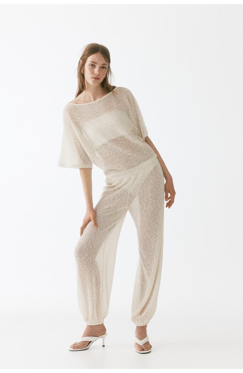 H&M Glittery Knitted Trousers, Alternate, color, Cream