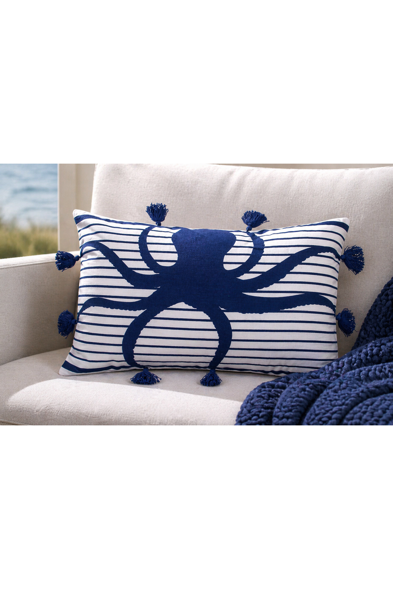 Indigo Stripes Octopus Cotton Blend Lumbar Accent Pillow 14" x 22", Alternate, color, Blue