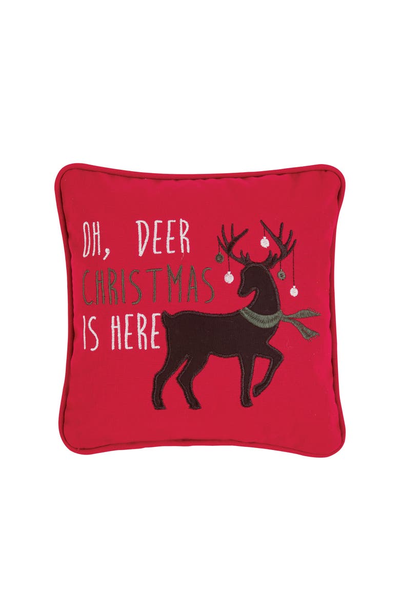 C&F Home "Oh Deer Christmas Is Here" Reindeer Cotton Blend Mini Accent Pillow 10" x 10", Main, color, Red