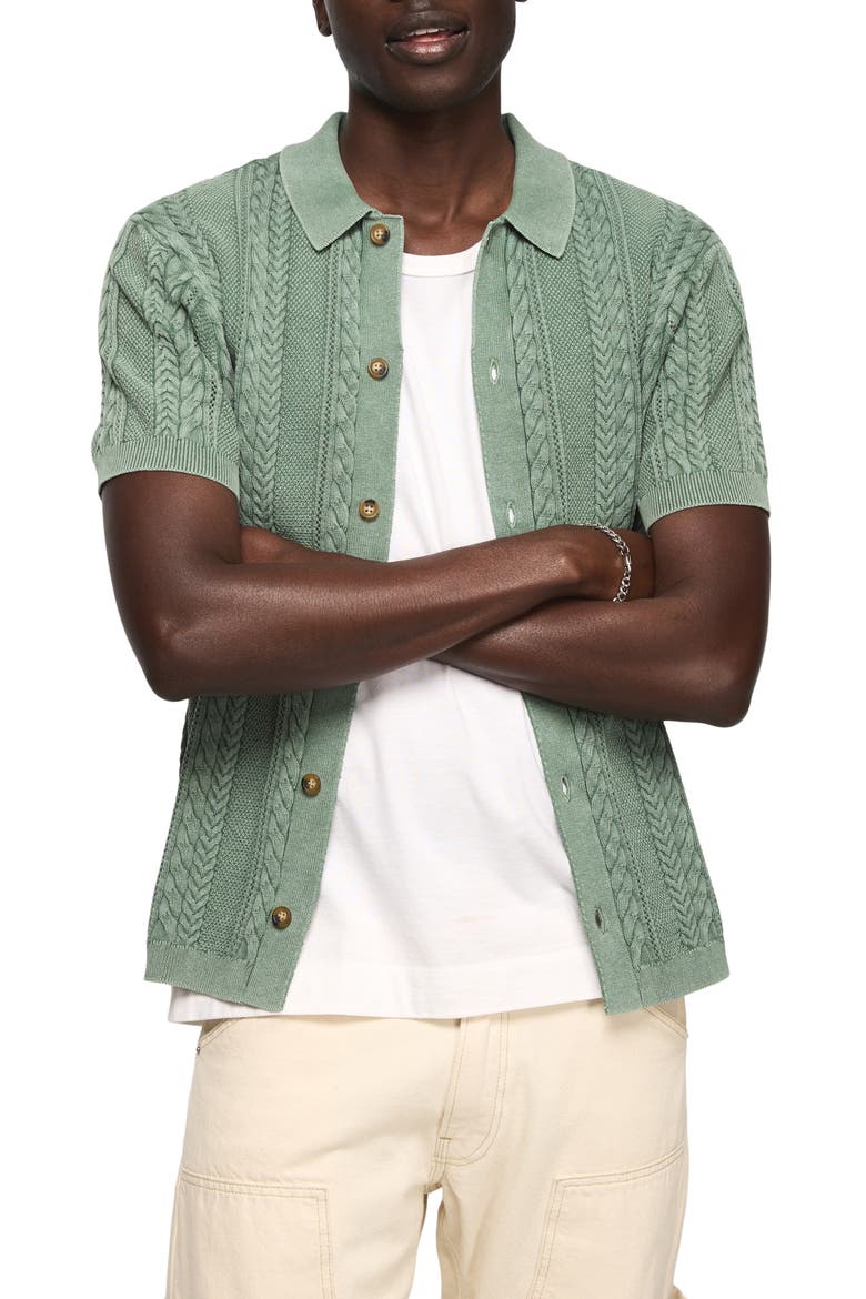 Fisherman Knit Short Sleeve Button-Up Shirt, Main, color, FROSTY SPRUCE