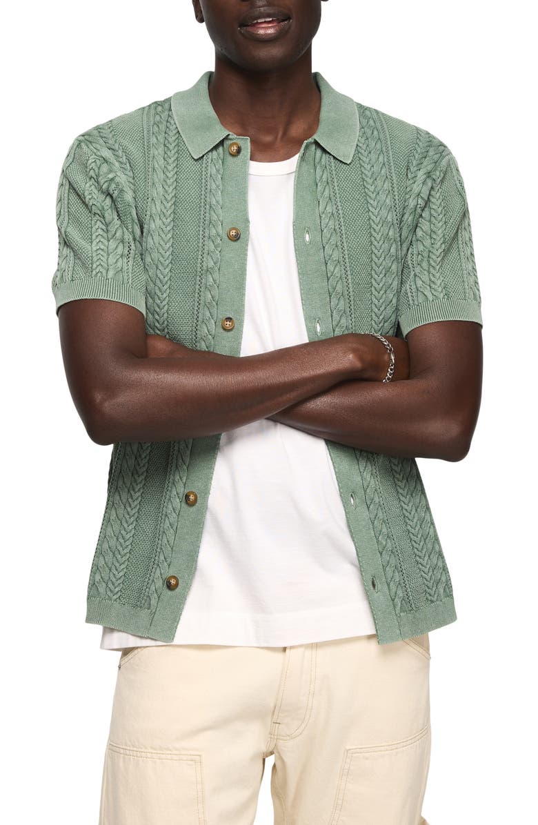 Lucky Brand Fisherman Knit Short Sleeve Button-Up Shirt, Main, color, Frosty Spruce