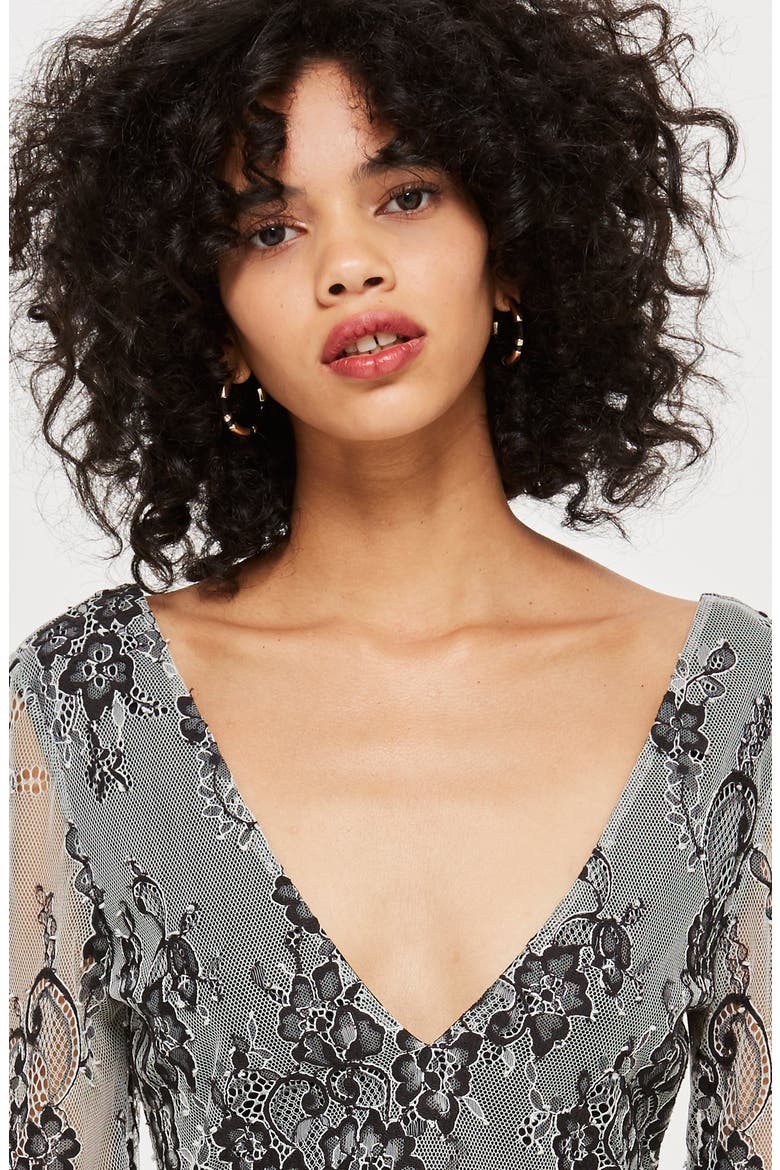 Tie Back Lace Peplum Top, Alternate, color, BLACK MULTI