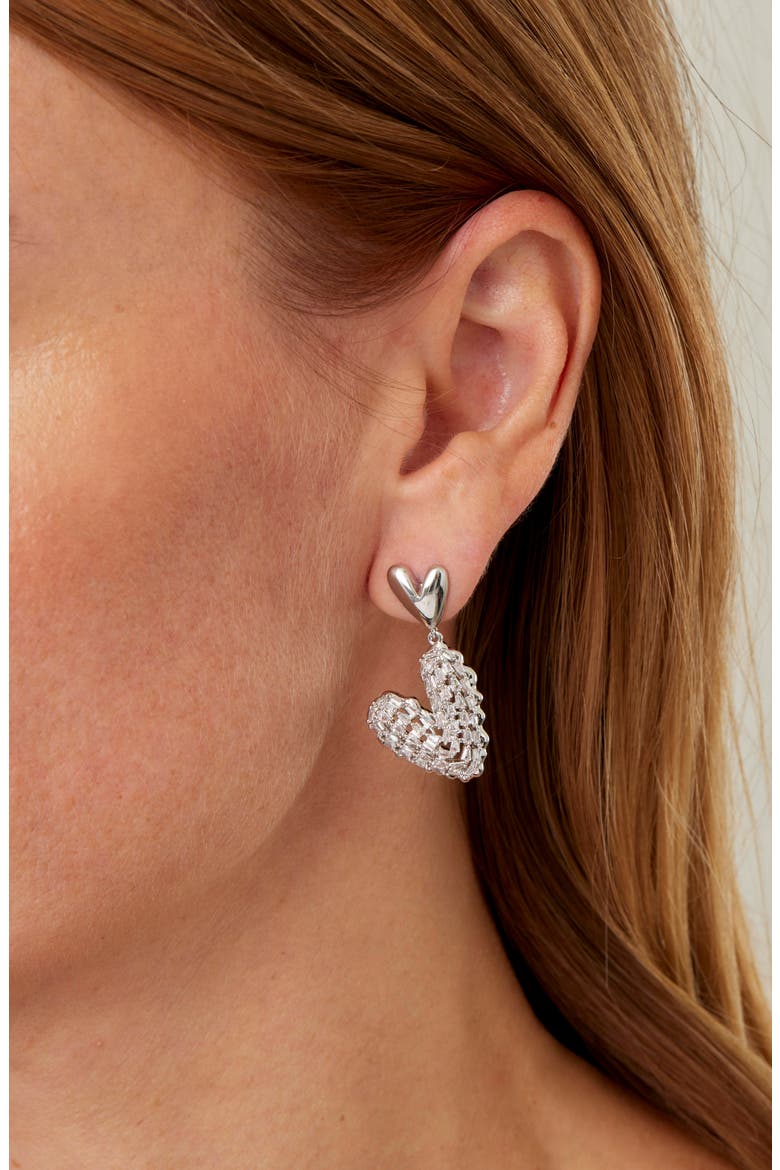 Double Heart Cubic Zirconia Drop Earrings, Alternate, color, WHITE