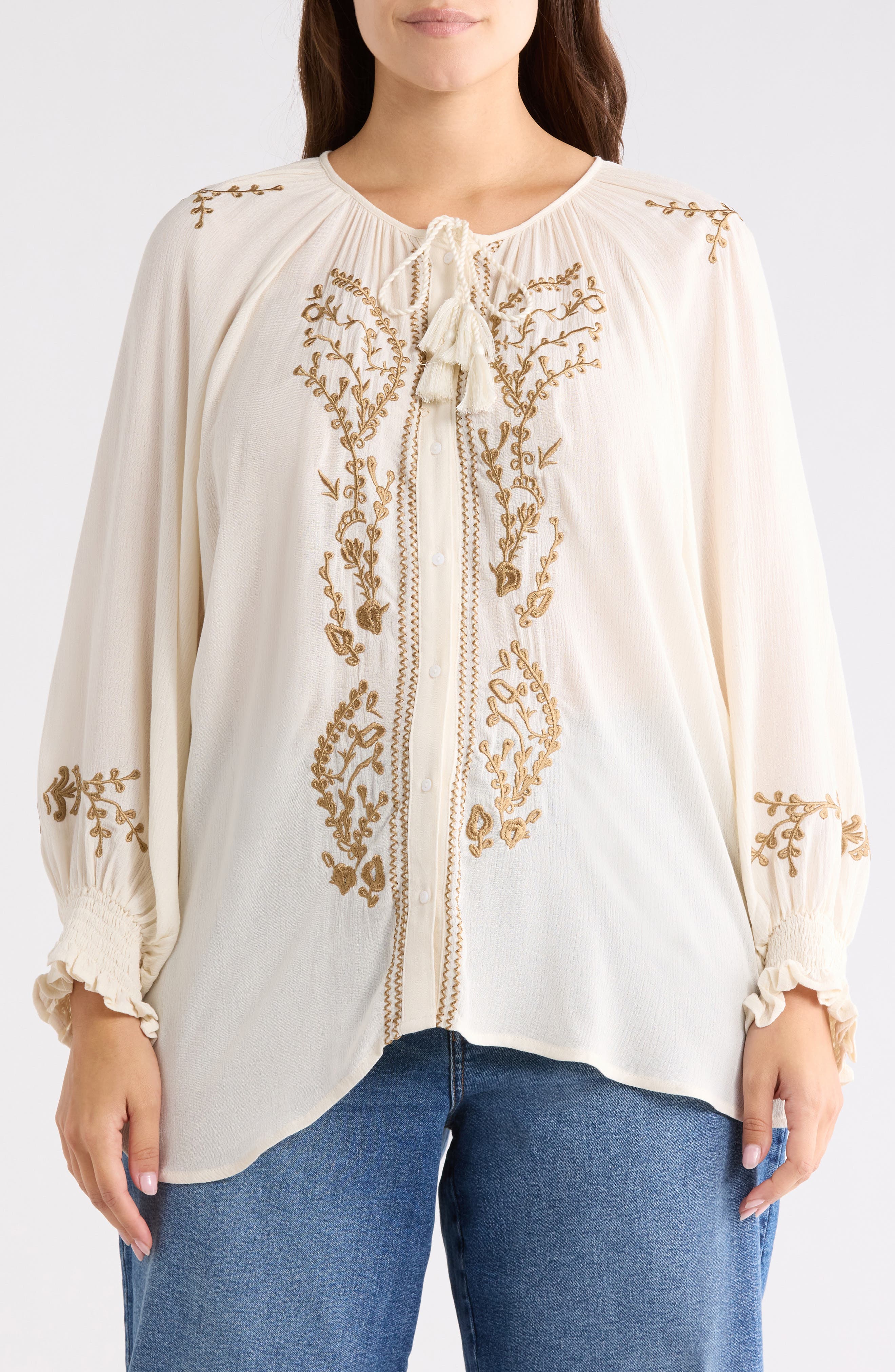 CHELSEA AND THEODORE Embroidered Balloon Sleeve Button-Up Top
