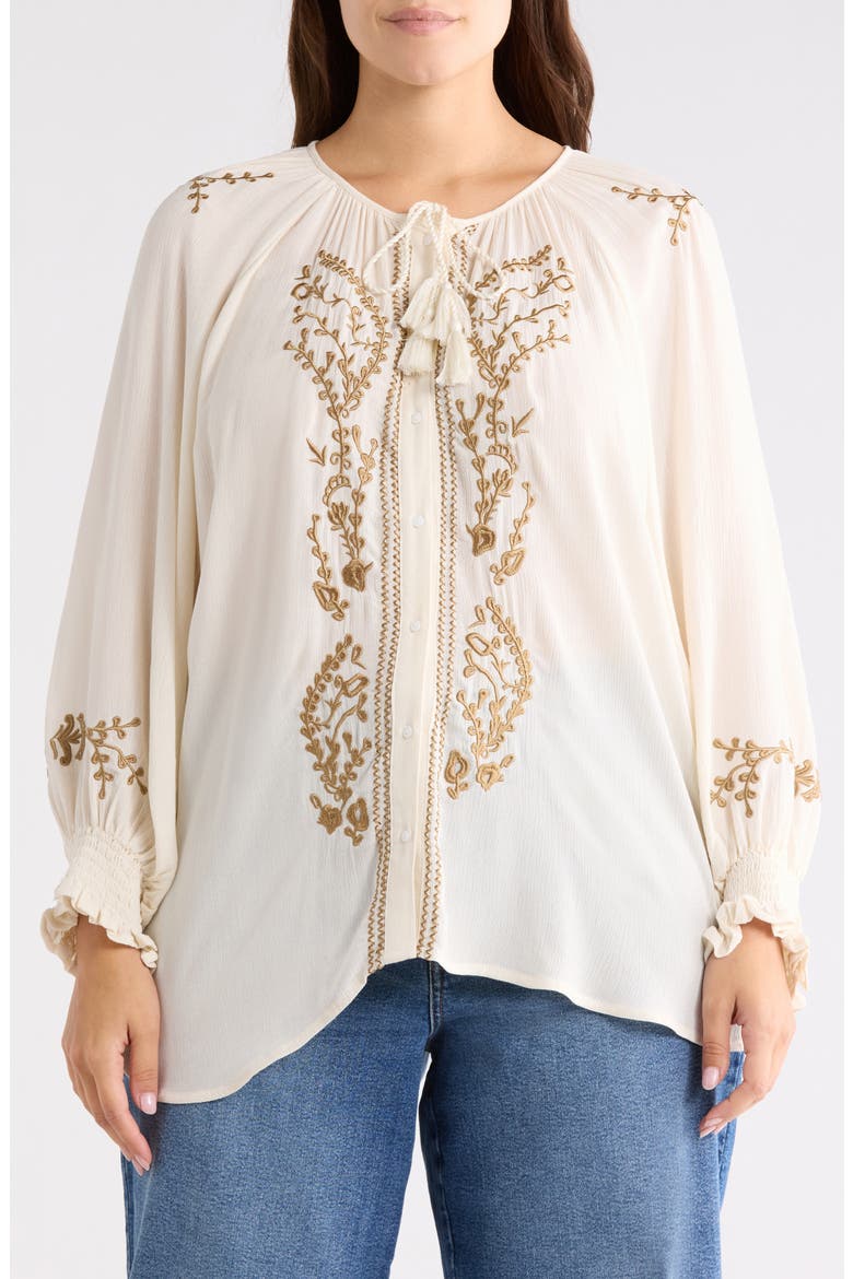Embroidered Balloon Sleeve Button-Up Top, Main, color, BUTTERCREAM