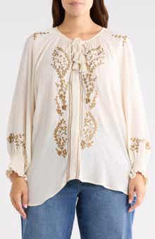 CHELSEA AND THEODORE Embroidered Balloon Sleeve Button-Up Top