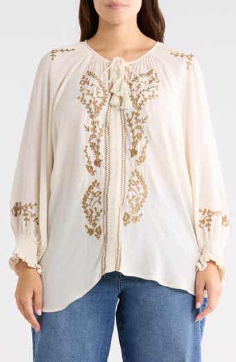 CHELSEA AND THEODORE Embroidered Balloon Sleeve Button-Up Top