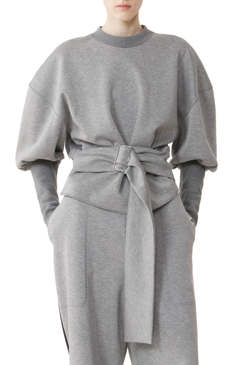 Belted Sweatshirt In Double-Faced Jersey, Alternate, color, Light Grey/Black