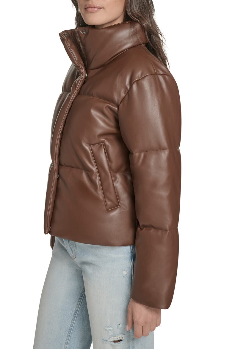 Faux Leather Puffer Jacket, Alternate, color, DARK BROWN