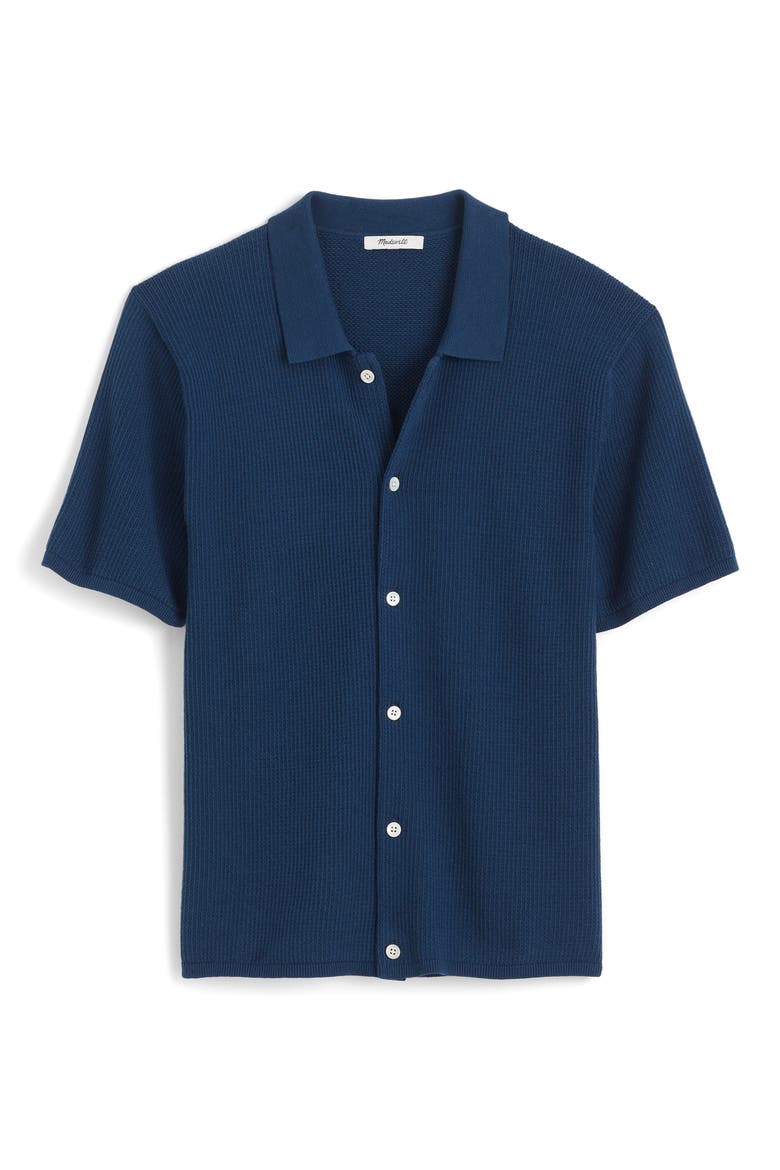 Short Sleeve Tuck Stitch Button-Up Shirt, Alternate, color, TRUE INDIGO