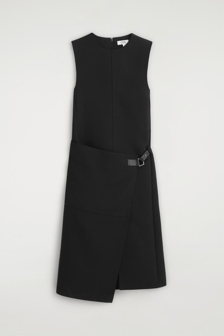 Belt-Detail Double-Faced Wool Midi Dress, Alternate, color, BLACK
