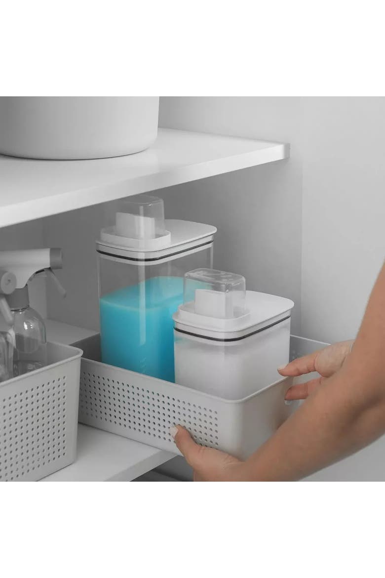 Durable Liquid Laundry Detergent Dispenser Organizer with Measuring Cap, 50 oz, Alternate, color, Clear/White