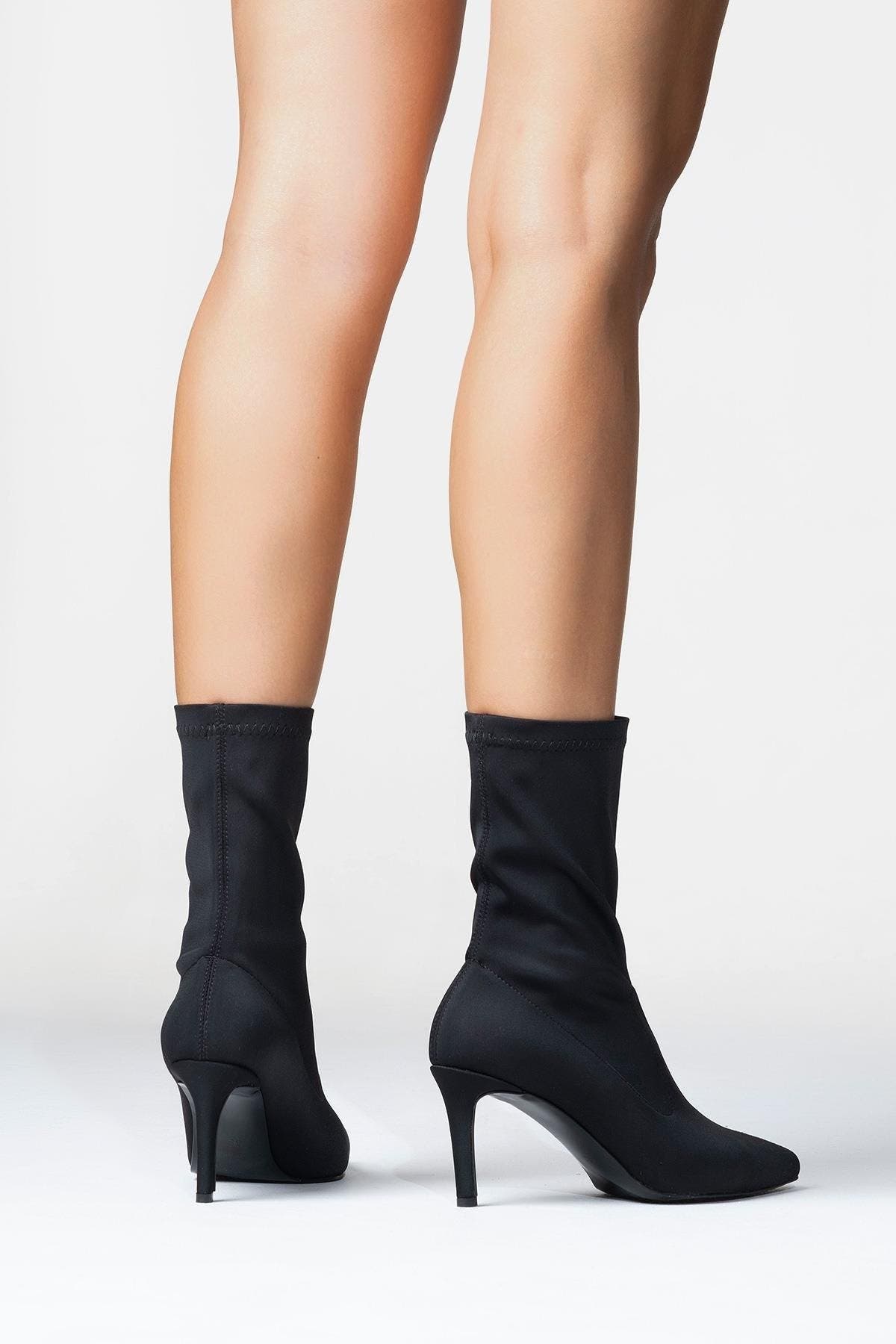 Prologue Shoes Thalin Zip Stiletto Boot, Alternate, color, Black Stretch Faux Leather