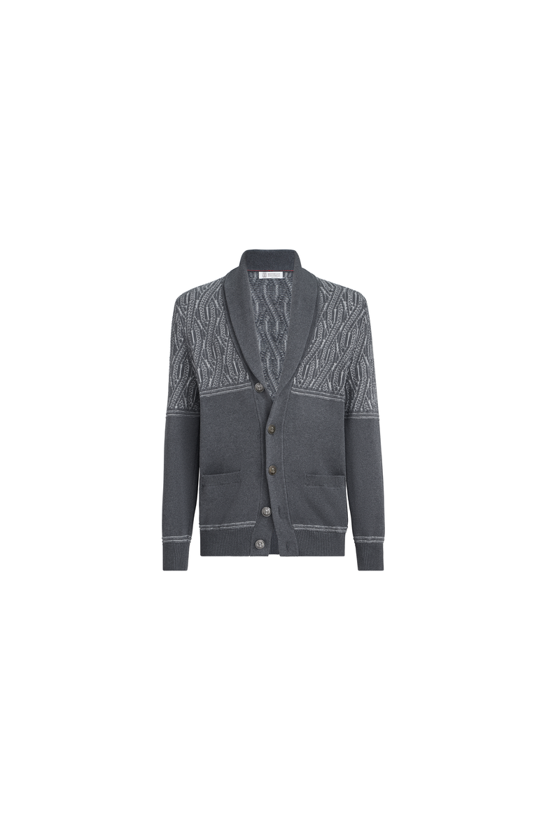 Cotton shawl collar cardigan with jacquard cable shoulder, Alternate, color, Medium Grey
