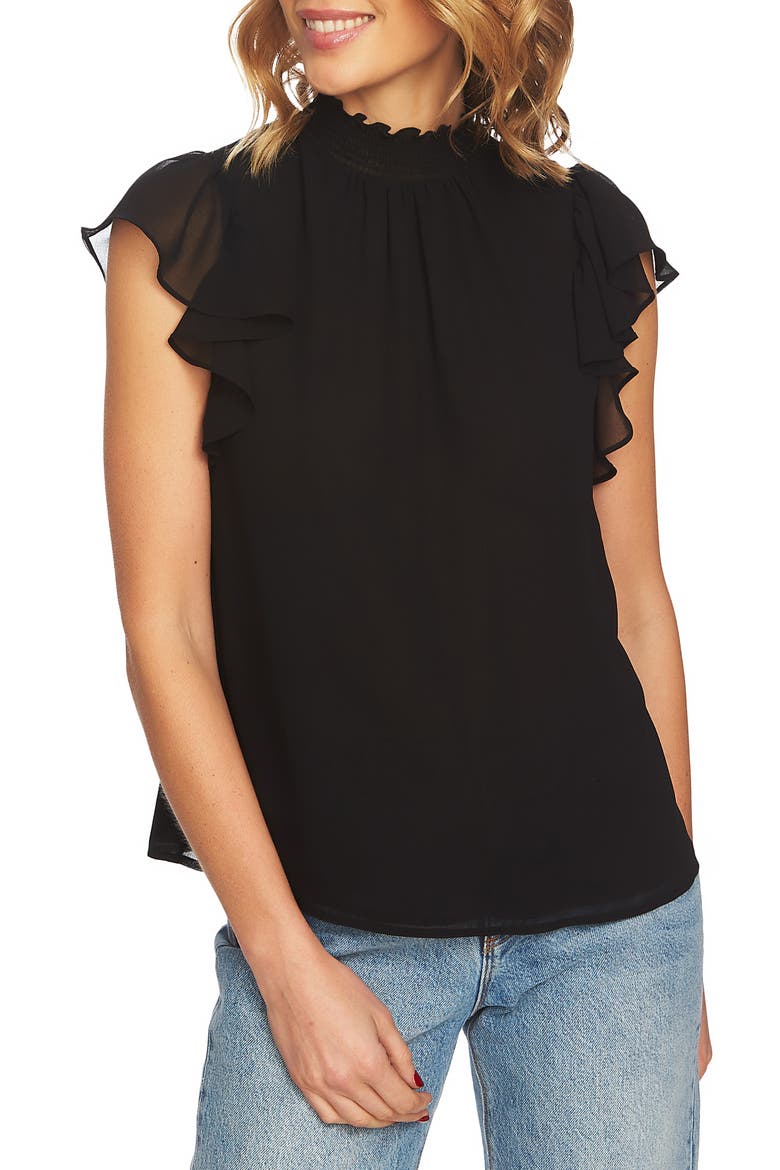 Flutter Sleeve Smocked Neck Blouse, Main, color, RICH BLACK