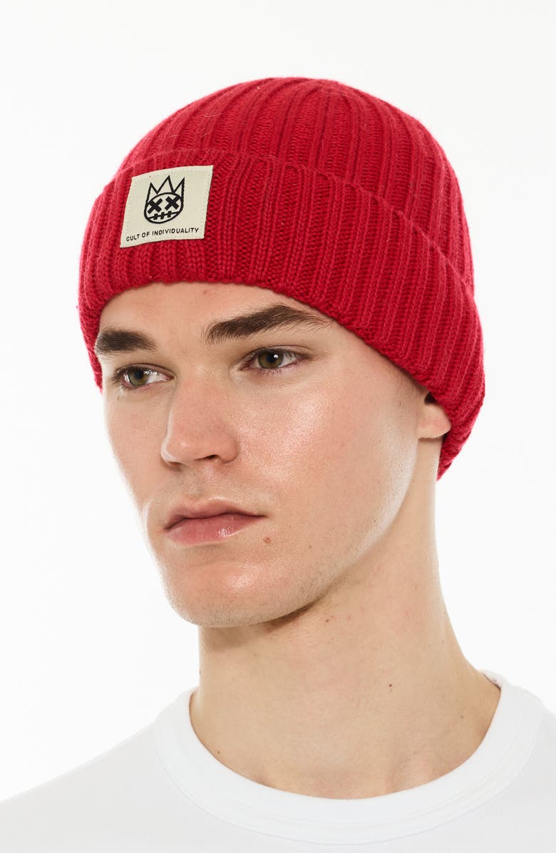 Cult of Individuality Rib Cuff Wool Blend Beanie, Alternate, color, Rouge Red