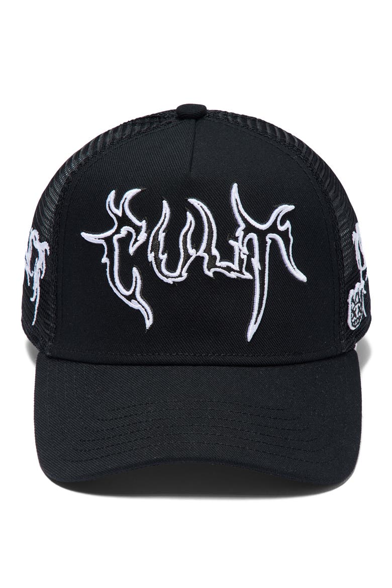 Raven Logo Trucker Hat, Alternate, color, BLACK