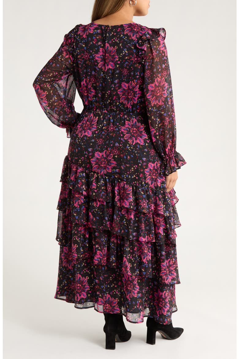 Tiered Ruffle Faux Wrap Maxi Dress, Alternate, color, BLACK-PINK PAINTERLY MEDALLION