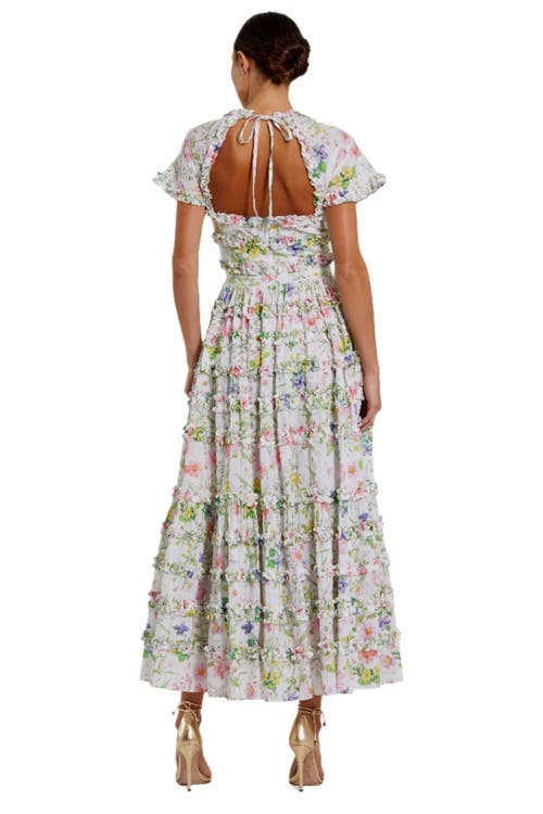 Mac Duggal Cap Sleeve V Neck Open Back Floral Cotton Dress In White Multi
