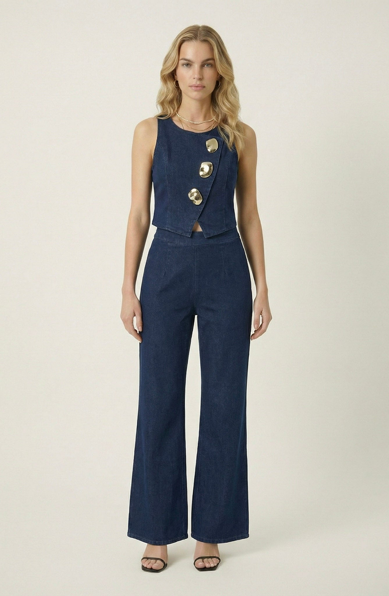 Modenaire Denim Vest and Wide Leg Pants Set, Main, color, 