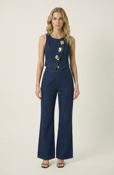 Denim Vest and Wide Leg Pants Set