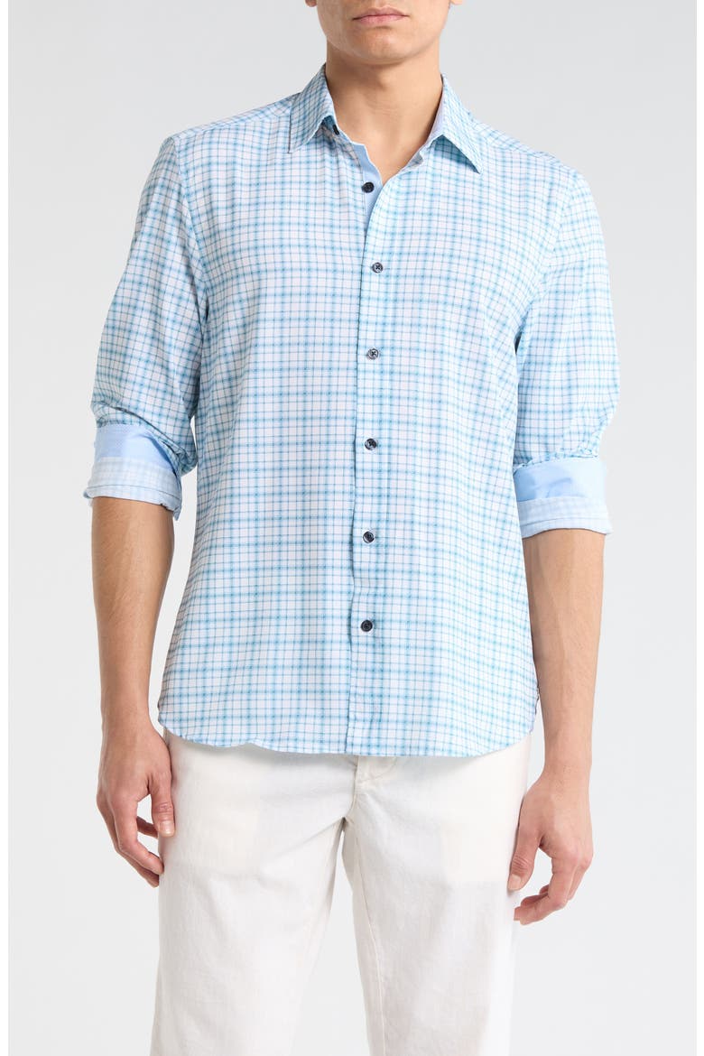 Slim Fit Plaid Stretch Button-Up Shirt, Main, color, NAVY/ GREEN
